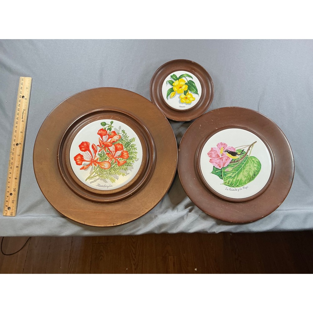 Vintage Rosario Woodturning Puerto Rico Wood Ceramic Wall Plate Set 3pc